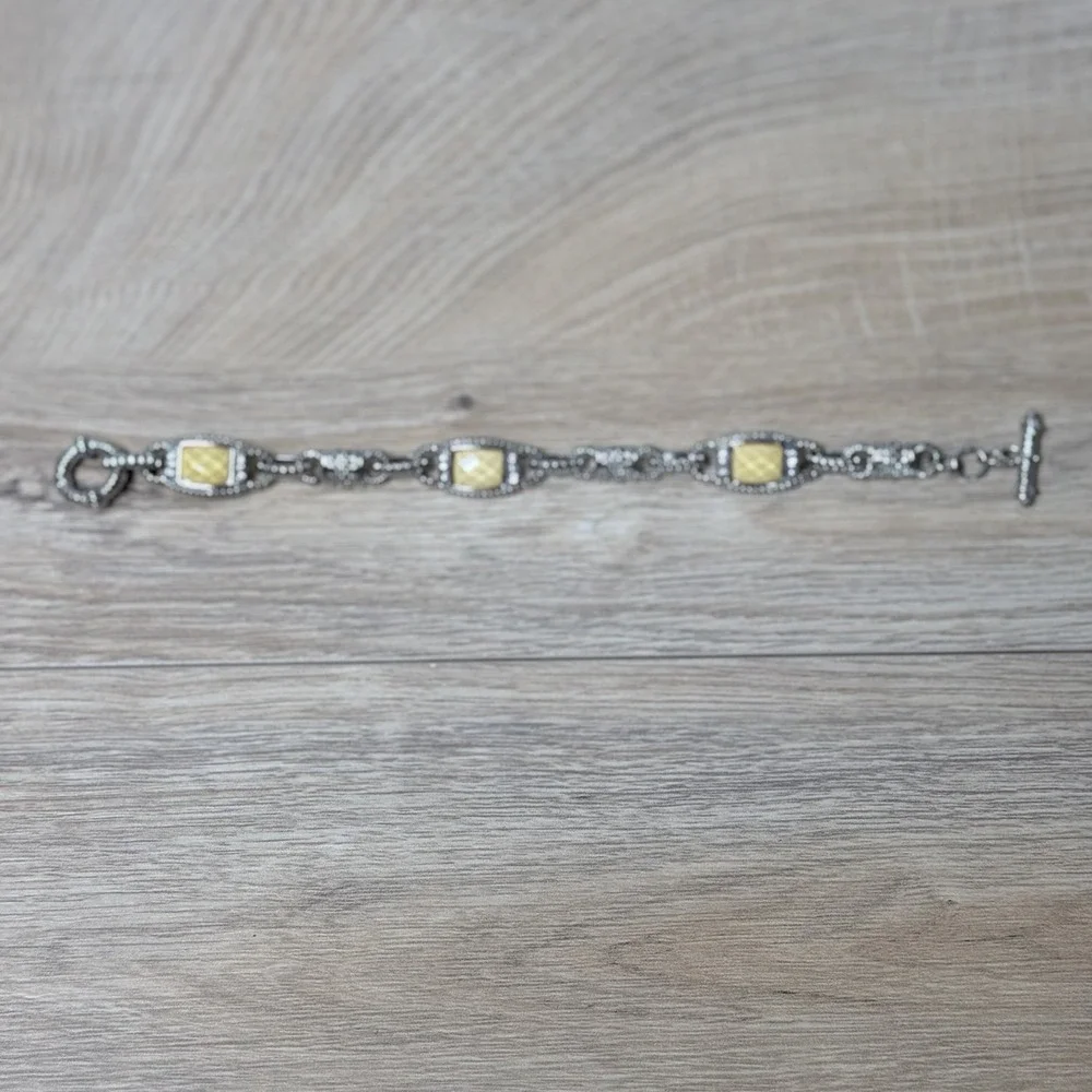 Silver Tone Chain Link Bracelet Yellow Stone Glam Retro‎ Luxe Statement Jewelry